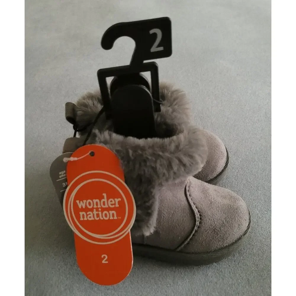 WONDER NATION Infant Girls Faux Shearling Grey Boots--Sz 2--New!